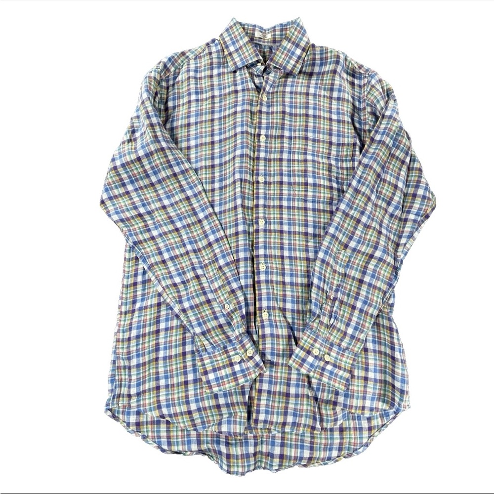 Peter Millar Casual Linen Medium Plaid Blue White Yellow Button Up Long Sleeve